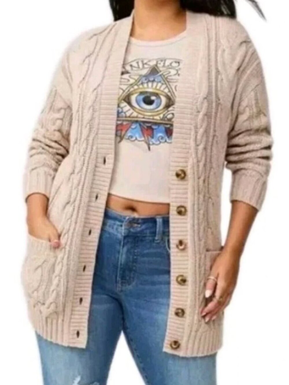torrid Beige/Brown Chunky Knit Button-Down Cardigan